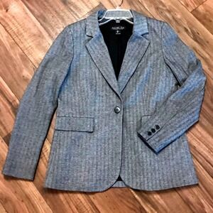 Rachel Zoe Herringbone Longline Academia Blazer Jacket w Pockets in B/W/G Large